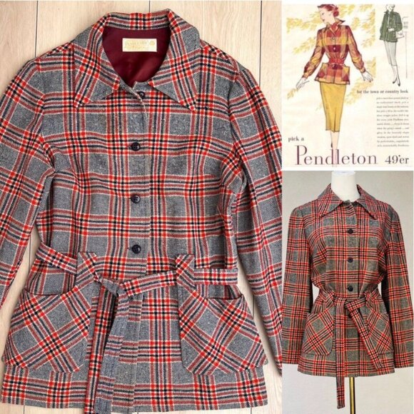 Vintage 60s Pendleton 49er Lightweight Wool Plaid Shacket & Detachable Belt Lrg - Picture 1 of 16